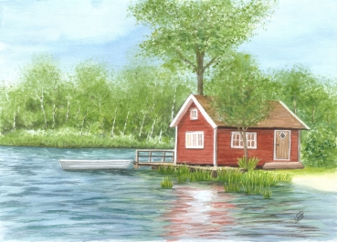 Postkarte DIN-A6 Aquarell Kunst Druck Kunstdruck Schweden Sweden Sverige Schären Haus Inseln See